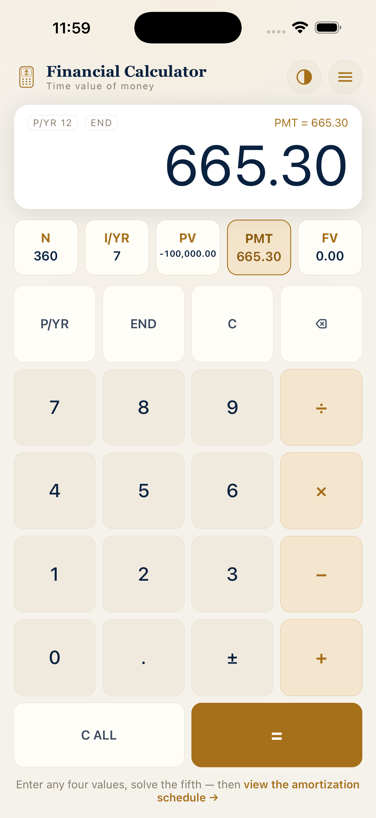 NoteHarbor Calculator iOS home screen listing the available calculators.